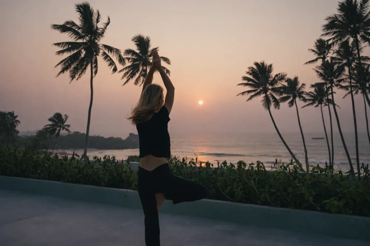 Yoga practice on the rooftop terrace with a view of the ocean