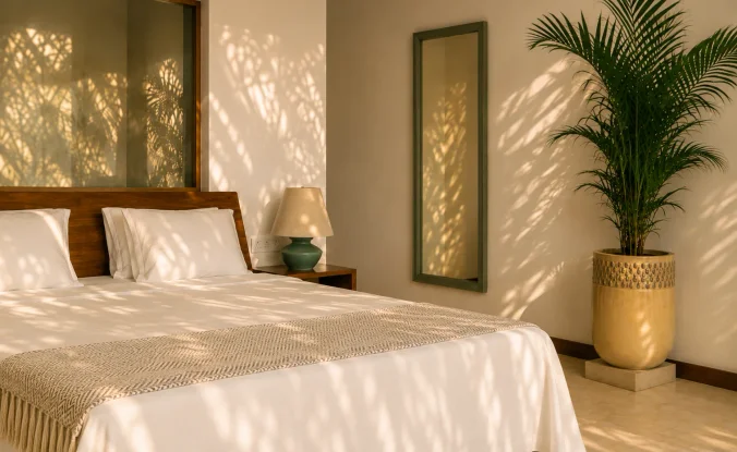 Schlafbereich des Ocean View Room im Abendlicht, mit Zimmerpalme und Wandspiegel